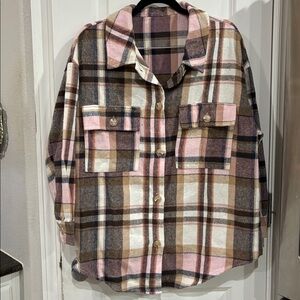 Plaid Button-Up Shirt in Pink and Brown